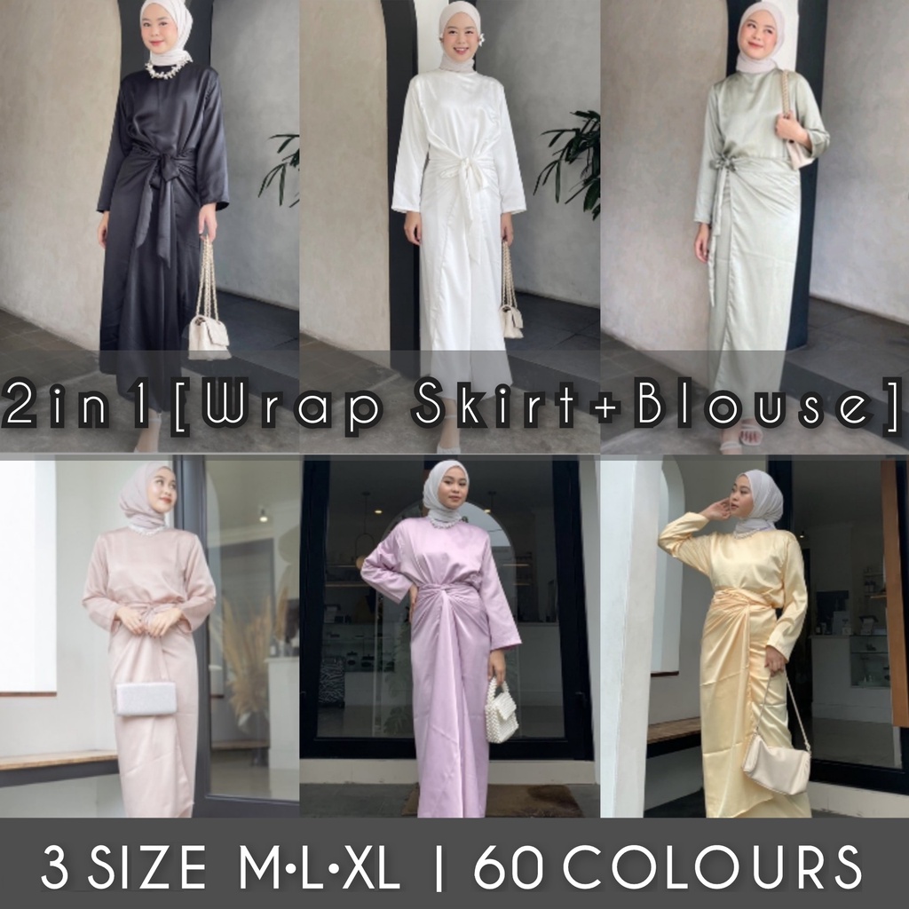 2 in 1 ( Inner  Blouse + Rok Lilit / wrap skirt ) | One Set Rok Lilit dan Blouse manset Lengan panjang ) Tersedia 60 Warna &amp; 3 Ukuran