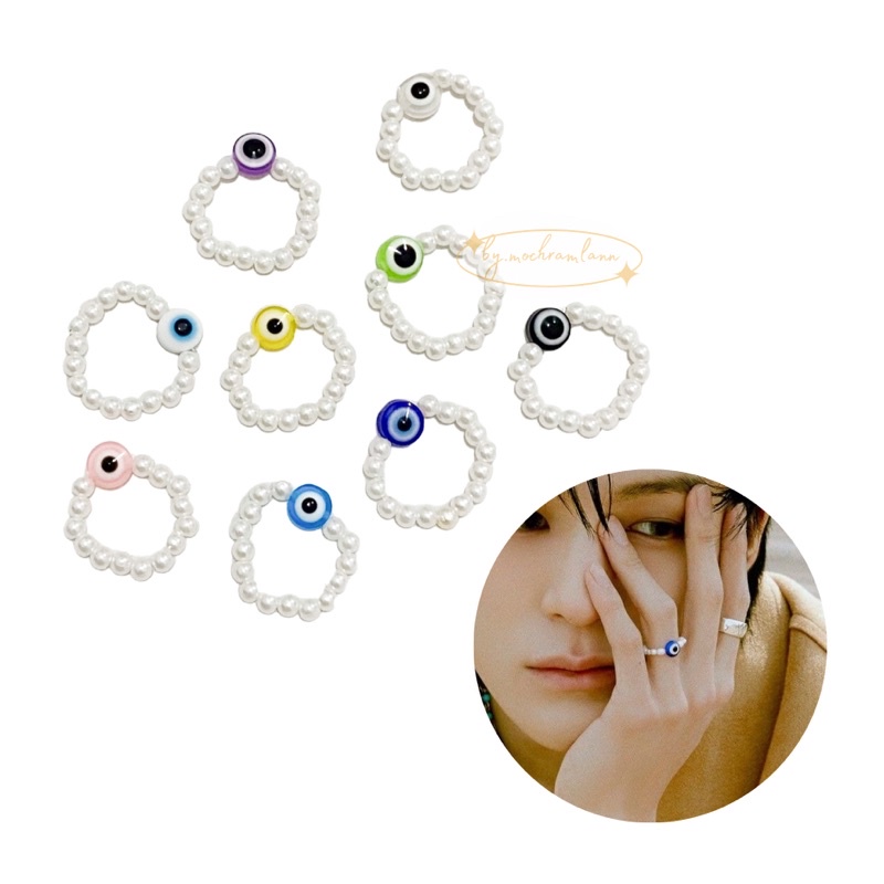 Cincin Elastis Manik Mutiara Evil Eye Beads / Ring Pearl Mutiara / Cincin Kpop Mutiara Manik Mata