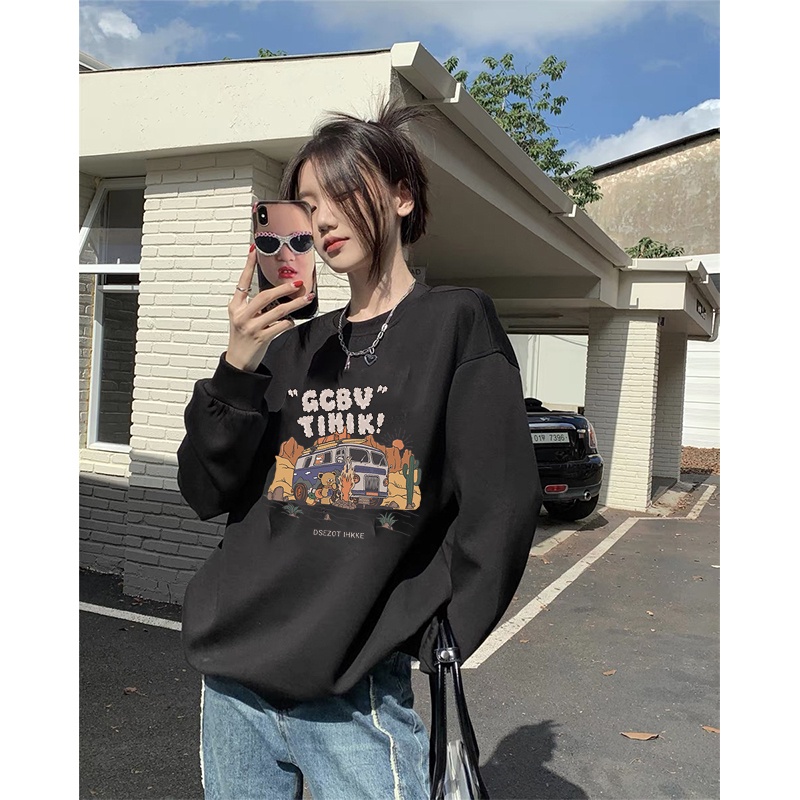 Kaos Stasan Wanita Oversize Couple Sweater American Vintage Cartoon Graphic Priting Top Kekinian Casual Sweater/baju kaos polos