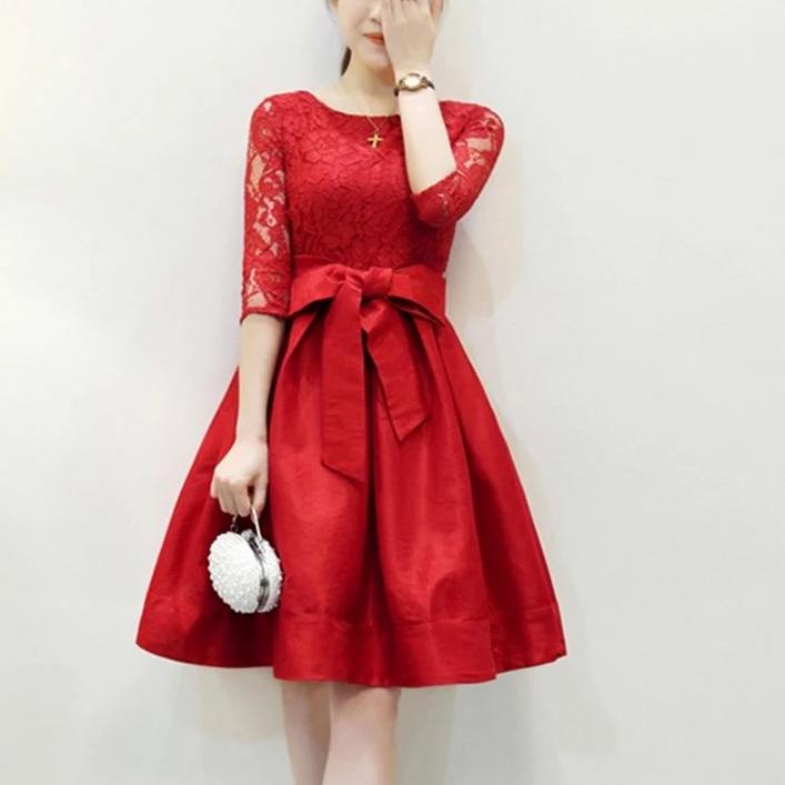 Terjamin  Gaun Pesta Wanita Mewah Dress Remaja Kekinian Korea Pendek Brukat Natal Size S