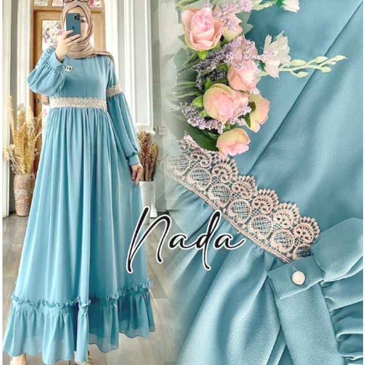 OOTD Dress Gamis Renda Rempel Warna Blue Biru Jumbo Lebaran Formal Polos Adem Mewah Kekinian LD 110 