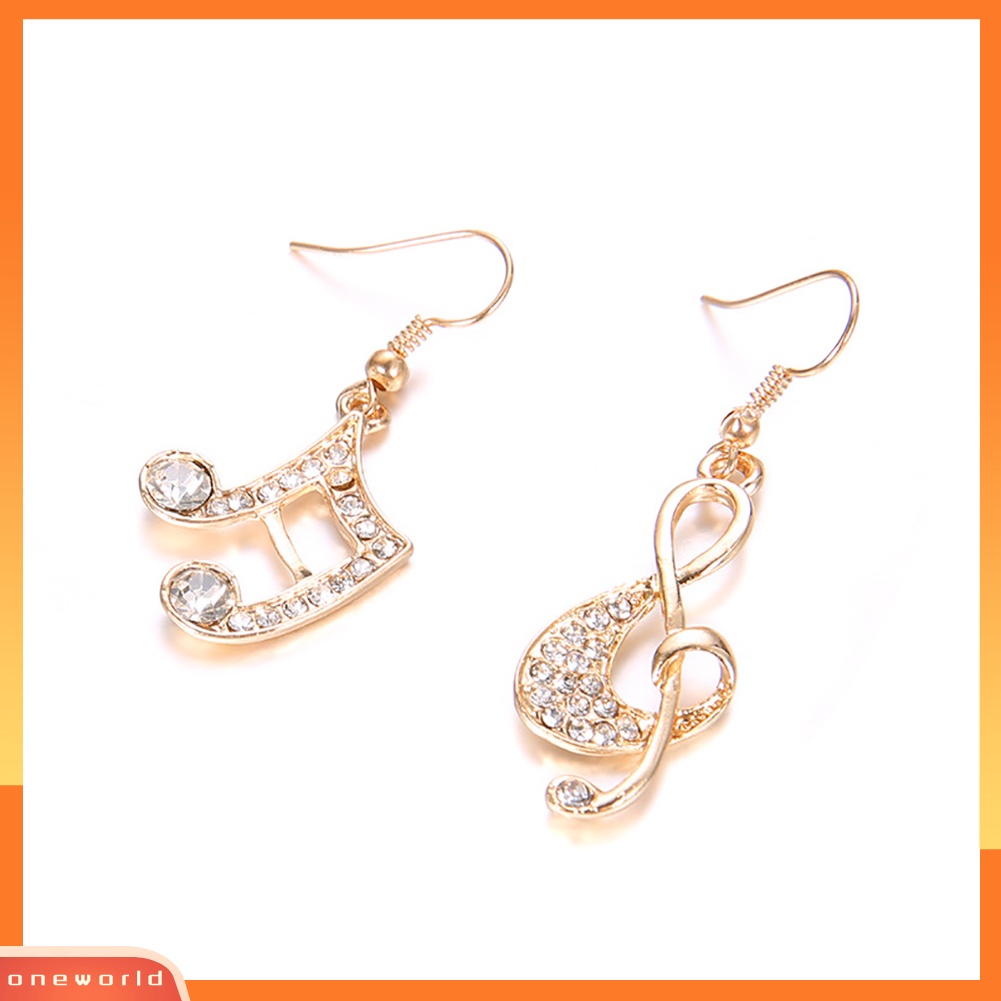 {oneworld} Fashion Wanita Musik Note Treble Clef Berlian Imitasi Menjuntai Kait Anting Perhiasan