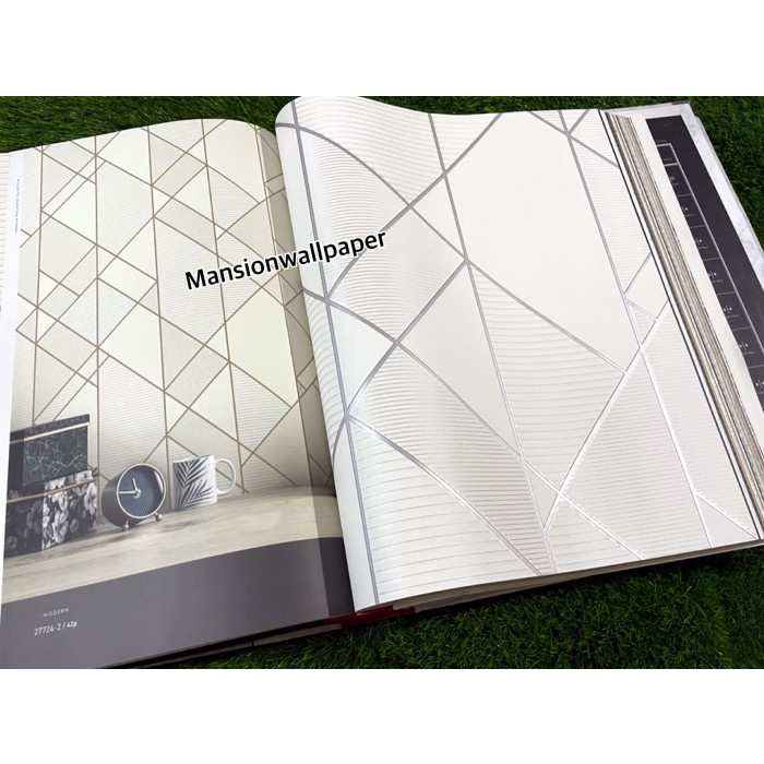 Wallpaper Wallpaper Dinding Korea Geometri List Gold Silver Cream Abu Roll Besar