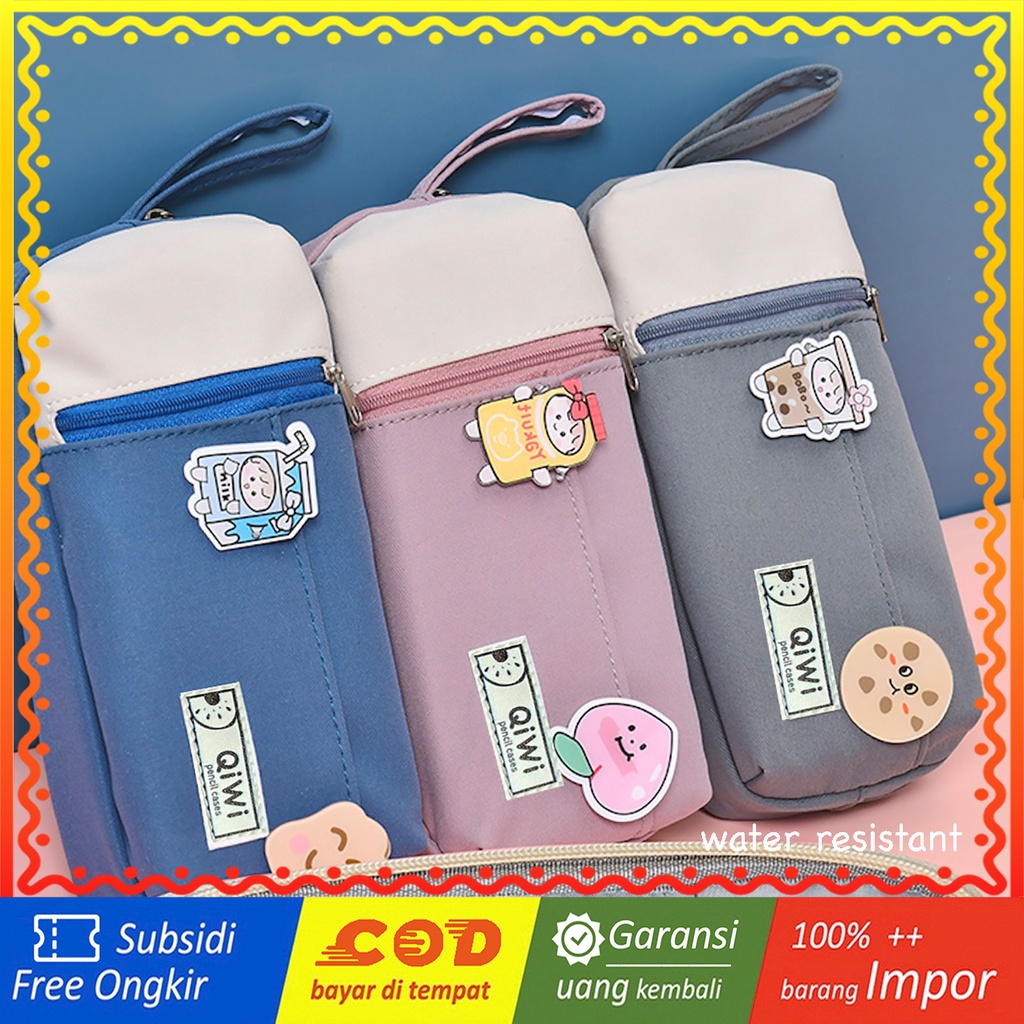 TXS04 Korean Pen Pencil Case Kain QiWi Label Water Resistant Kotak Tempat Pensil TKM