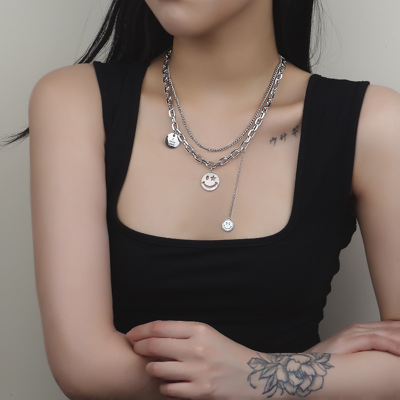 Papaozhu Bergaya Stainless Steel Tebal Rantai Rumbai Smiley Face Liontin Kalung Untuk Wanita Gadis Punk Chunky Kalung Perhiasan Hadiah