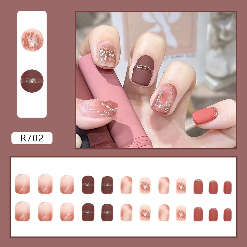 Kuku Palsu Gradasi Warna Kopi Karamel Matte Texture Kuku Palsu Persegi 24pcs/box R702
