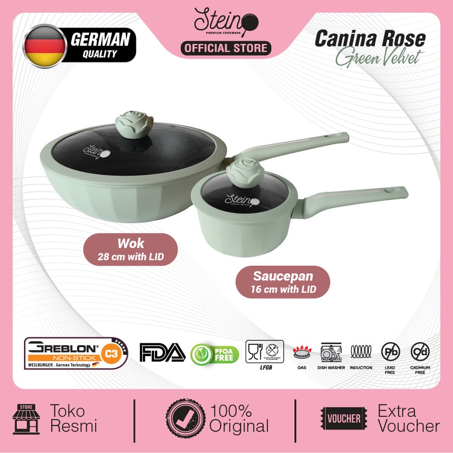 Panci Set Steincookware ROSE CANINA 2 in 1 Stein Wok Pan Saucepan Lid White Green Pink Violet