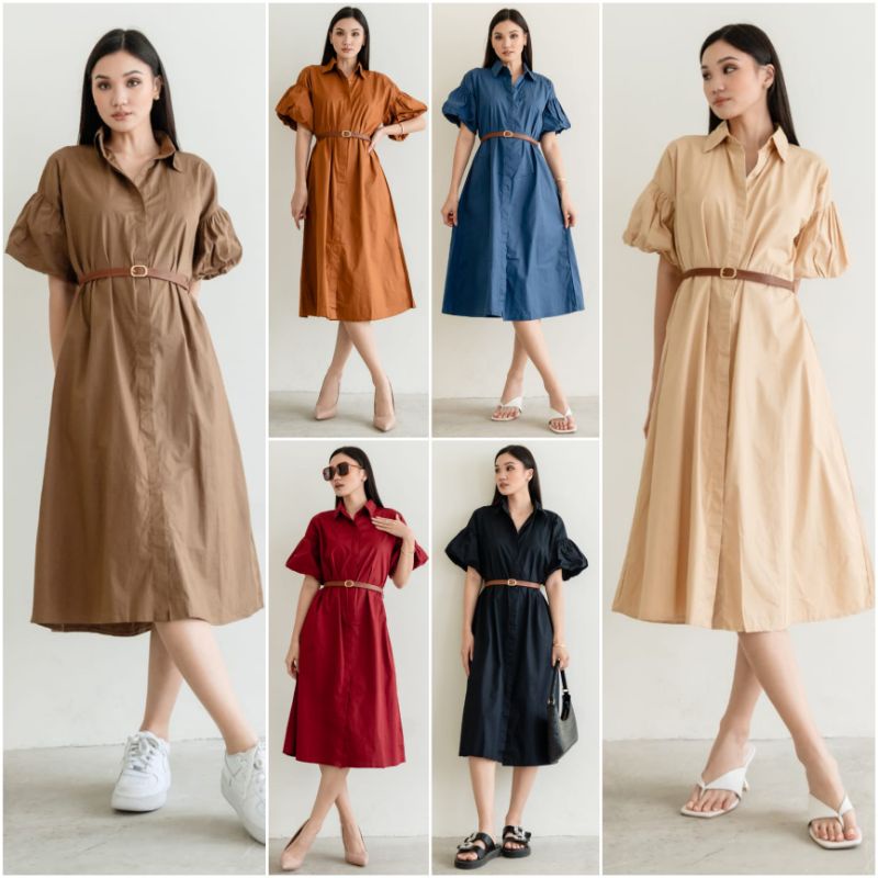 ❣️ SPECIAL PRICE ♡ PREMIUM ♡ ORIGINAL ! MERRIAM BALOON PUFF PLUFFY SLEEVE COLLAR BUTTON LOOSE  MIDI DRESS WITH  BELT ( BUSUI &amp; BUMIL FRIENDLY )