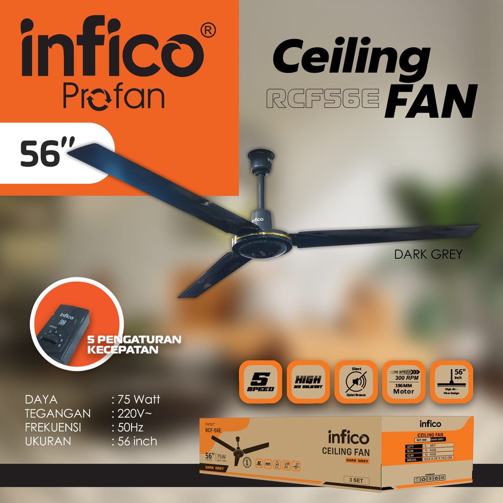 KIPAS CEILING /PLAFON FAN BESI 3 DAUN 56 INCH PROFAN INFICO BERIZIN SNI - ( DARK GREY) - Termurah