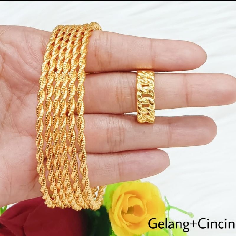 6pcs gelang keroncong dewasa bonus cincin rantai mewah lapis emas muda asli,, gelang tangan keroncon