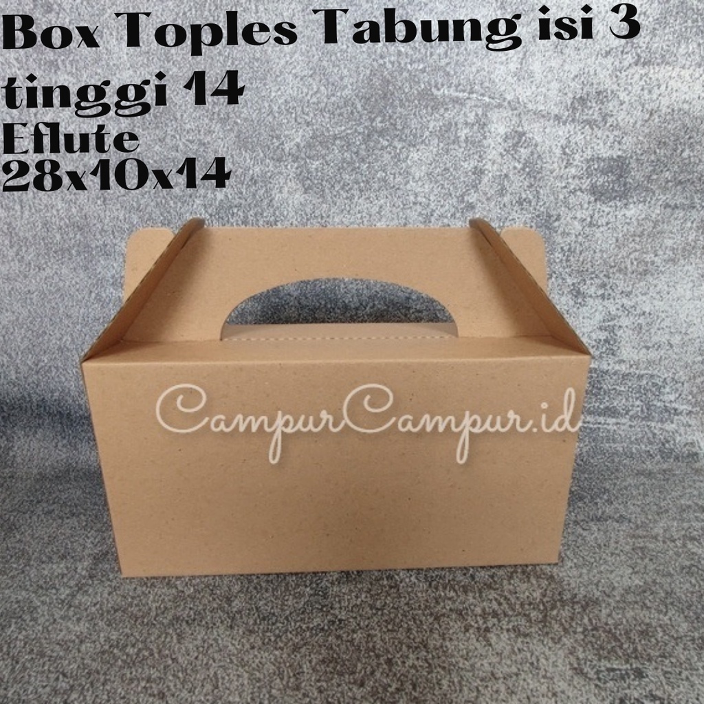 

Box Kardus Eflute Gable Box Jinjing untuk Toples Tabung isi 3 28x10x14 Box Kue Kering Hampers