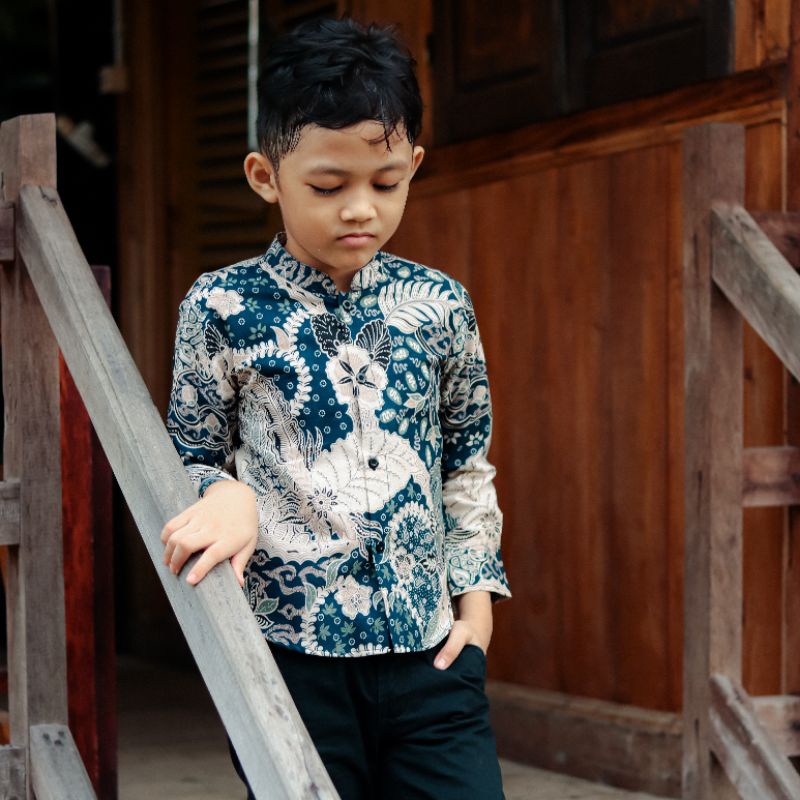 Batik Anak Lengan Panjang Model Slimfit Warna Dongker Abu