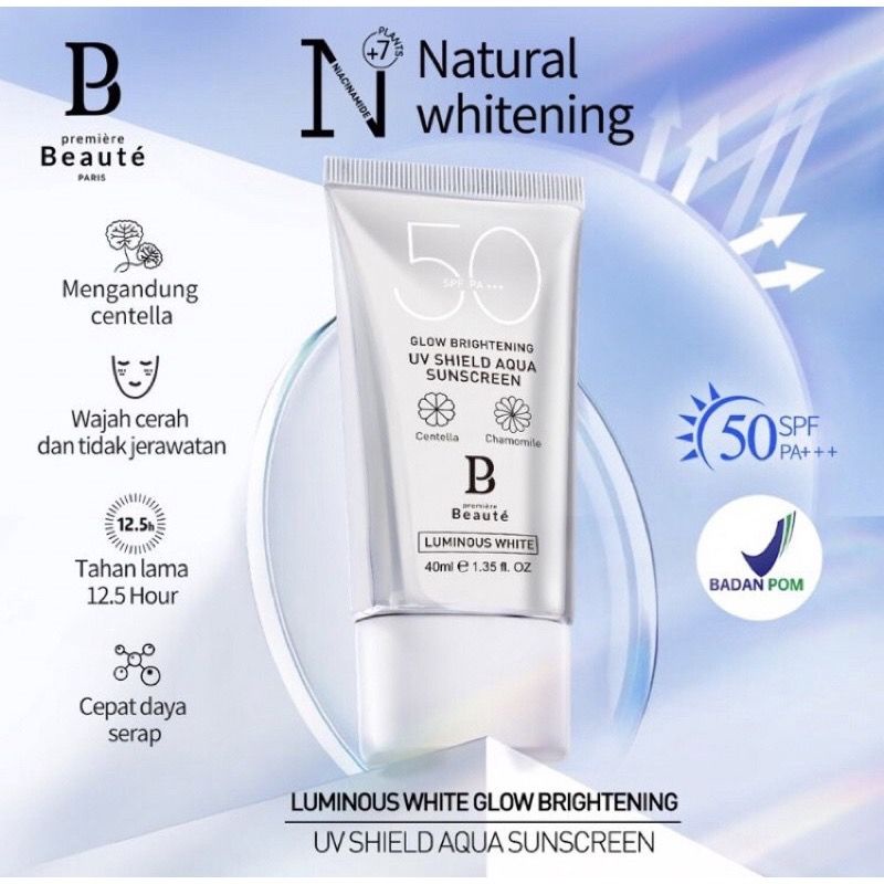 (READY) Premiere Beaute Sunscreen (SPF 50+++) 40ml UV Shield Sun Protect BPOM | Luminous White Glow 