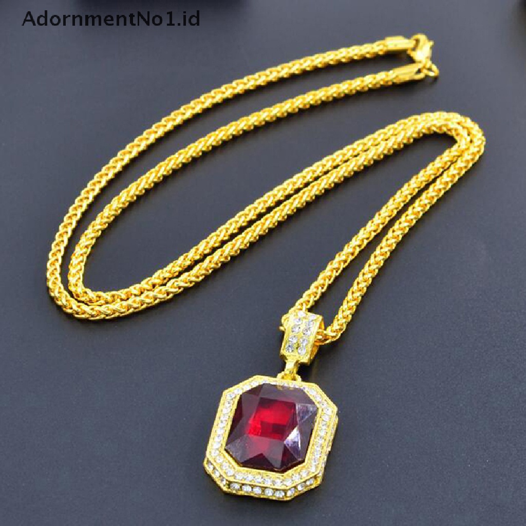 [AdornmentNo1] Bertatahkan Berlian Persegi Ruby Kalung Hip Hop Pria Liontin Batu Merah Liontin Vintage Perhiasan Kostum Aksesoris [ID]