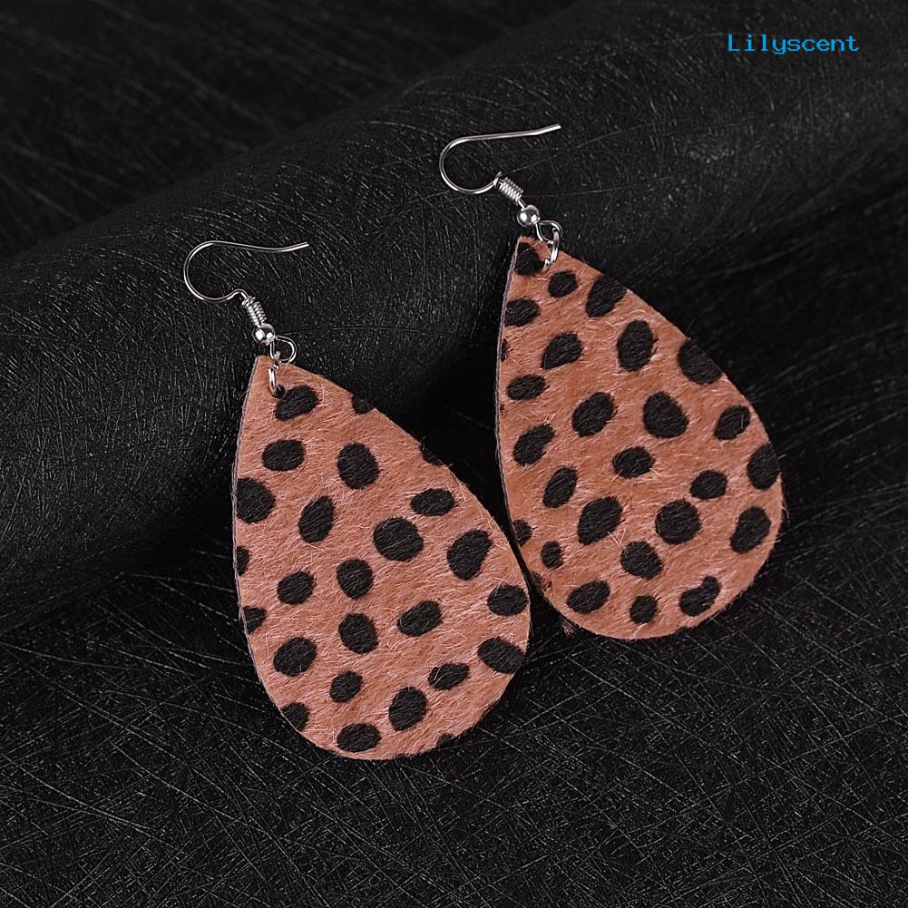 [LS] Wanita Leopard Print Teardrop Menjuntai Kulit Imitasi Kait Anting Perhiasan Hadiah