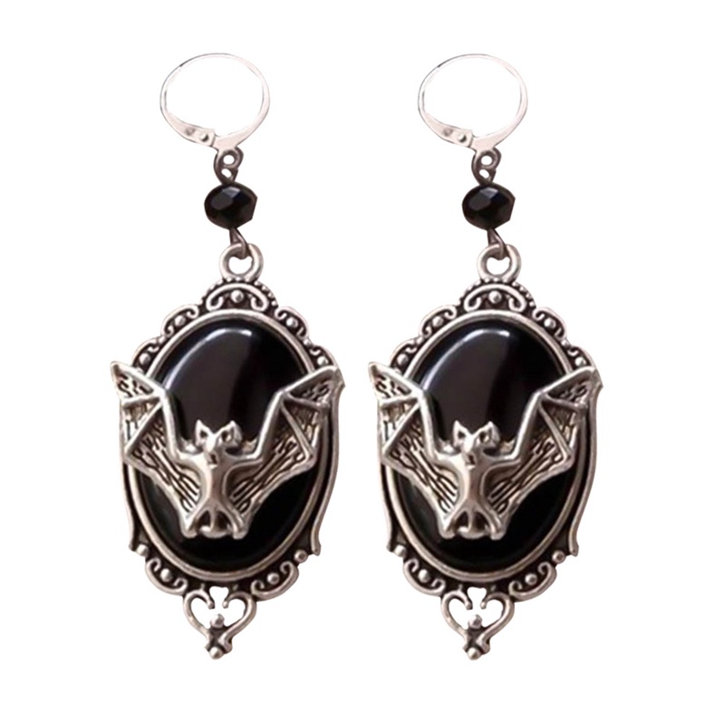 Gothic Menjuntai Anting Cameo Kelelawar Perak Antik, Anting Kelelawar Vampir, Anting Halloween