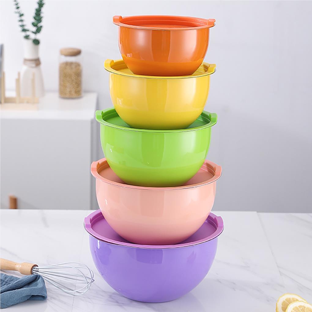 5buah Set Mixing Bowl Set Mangkuk Saji Stainless Steel Warna-Warni Dapat Ditumpuk Wadah Makanan Salad Peralatan Makan Untuk Dapur