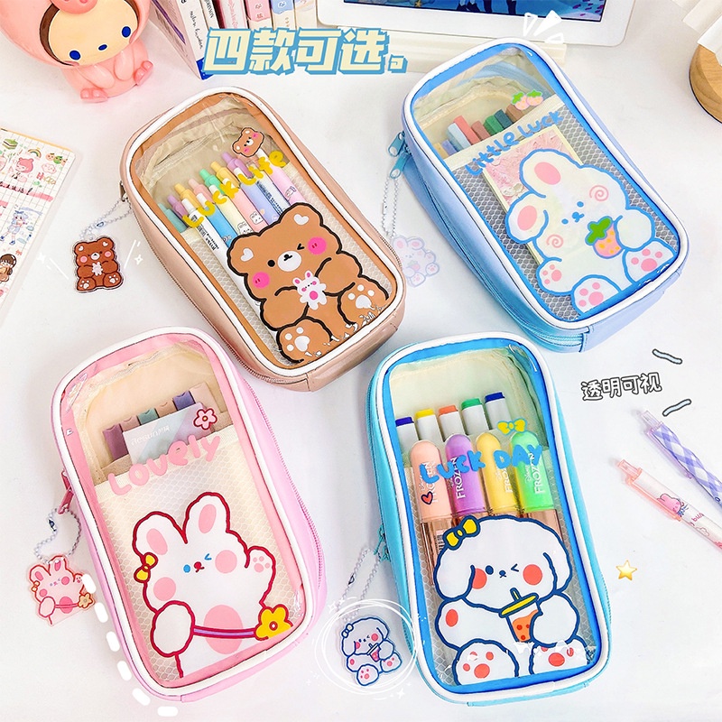 (FREE GANTUNGAN) 3 SLOT TEMPAT PENSIL AESTHETIC RESLETING/ PENCIL CASE AESTHETIC KARTUN JEPANG