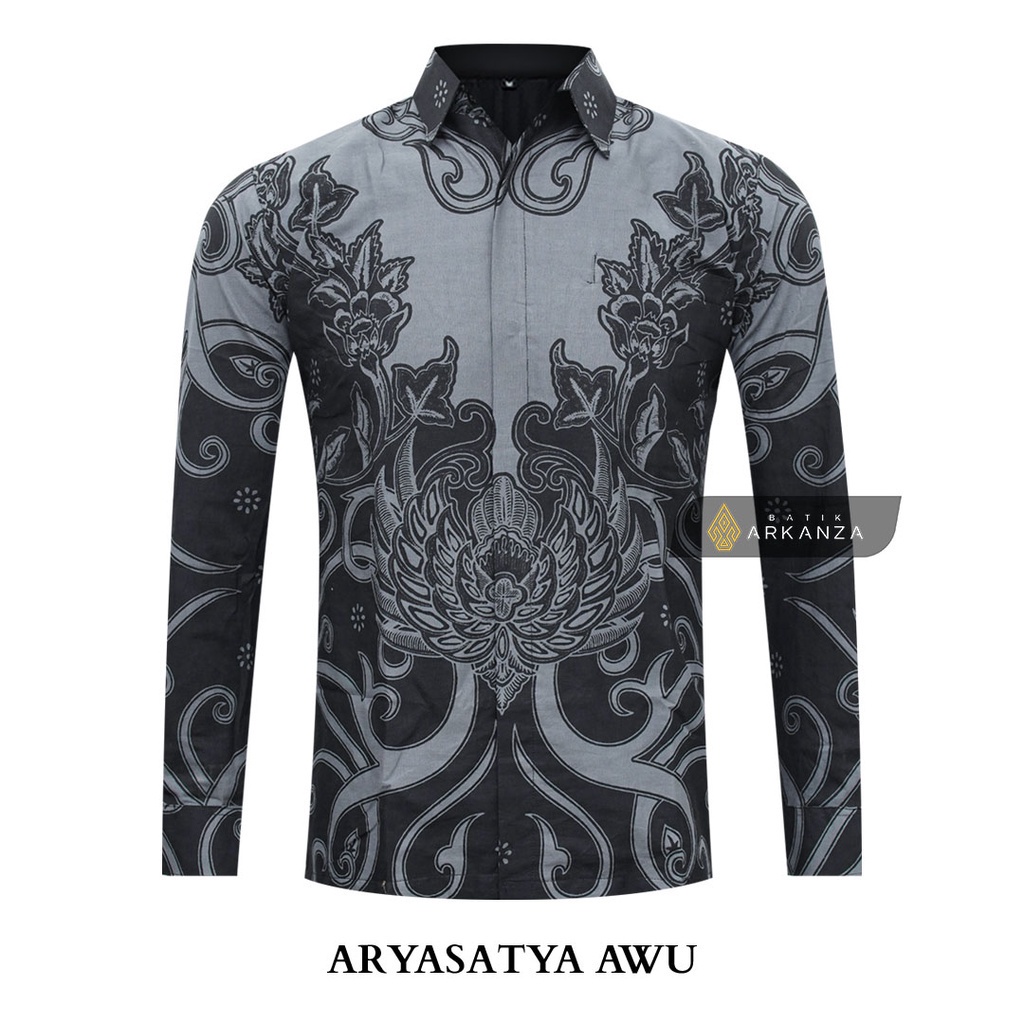 Atasan Kemeja BATIK ARKANZA STORE Motif ARYASATYA AWU   Baju Batik Pria Cowok Laki Laki Slimfit Full Lapis Furing Lengan Panjang