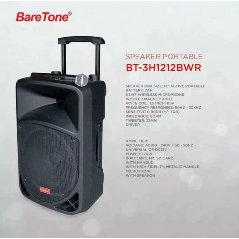 Speaker Portable Baretone BT-3H1212BWR 12 Inch Bluetooth Wireless 12BWR Original