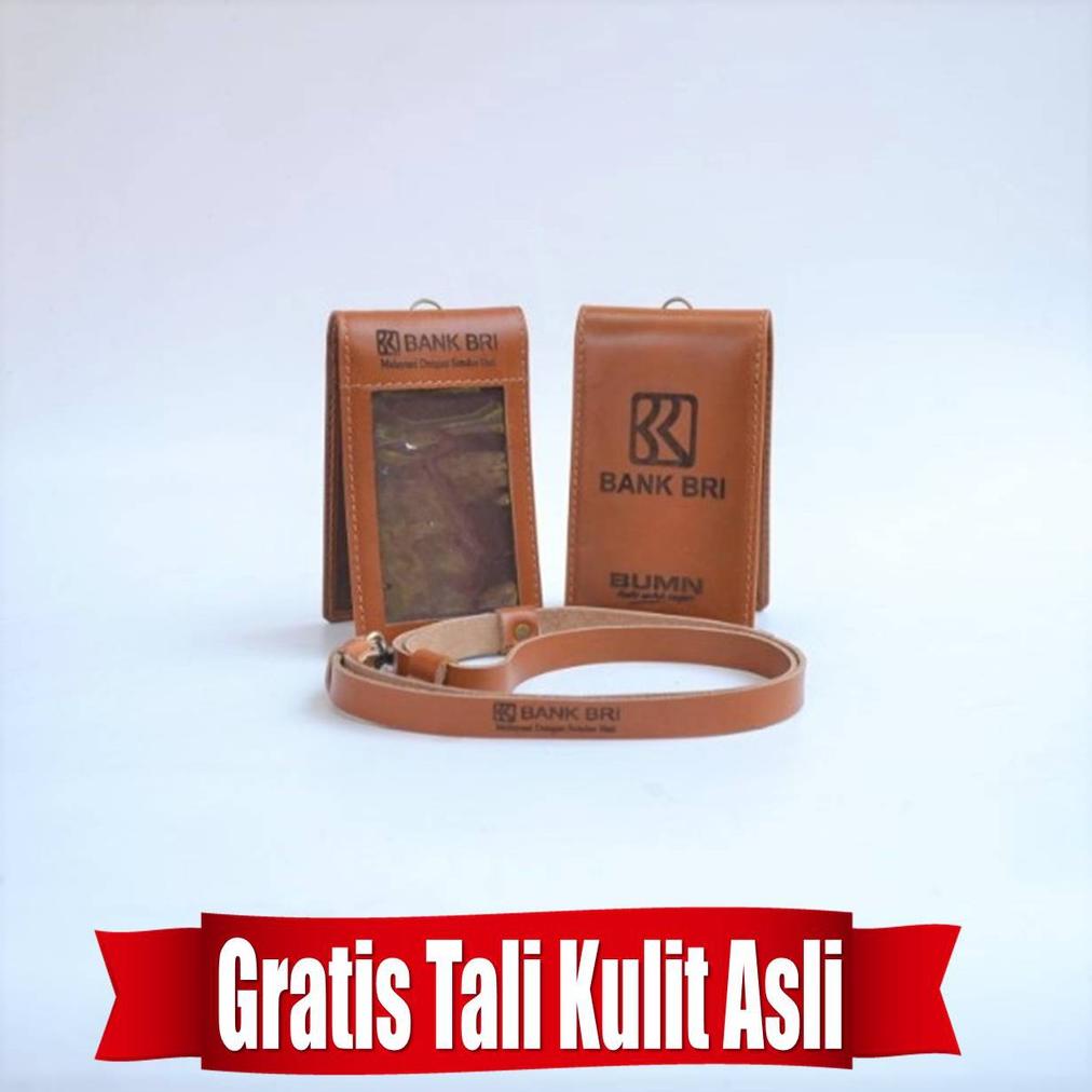 

(BISA COD) Name Tag ID Card Holder Kulit Asli Logo BRI Gratis Tali Lanyard Kulit ~