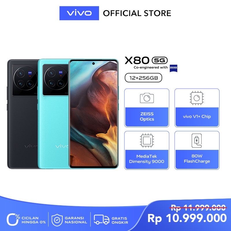 Vivo X80 (12/256) - ZEISS Optics, vivo V1+ Chip, Dimensity 9000, RAM 12GB, ROM 256GB, 80W FlashCharg
