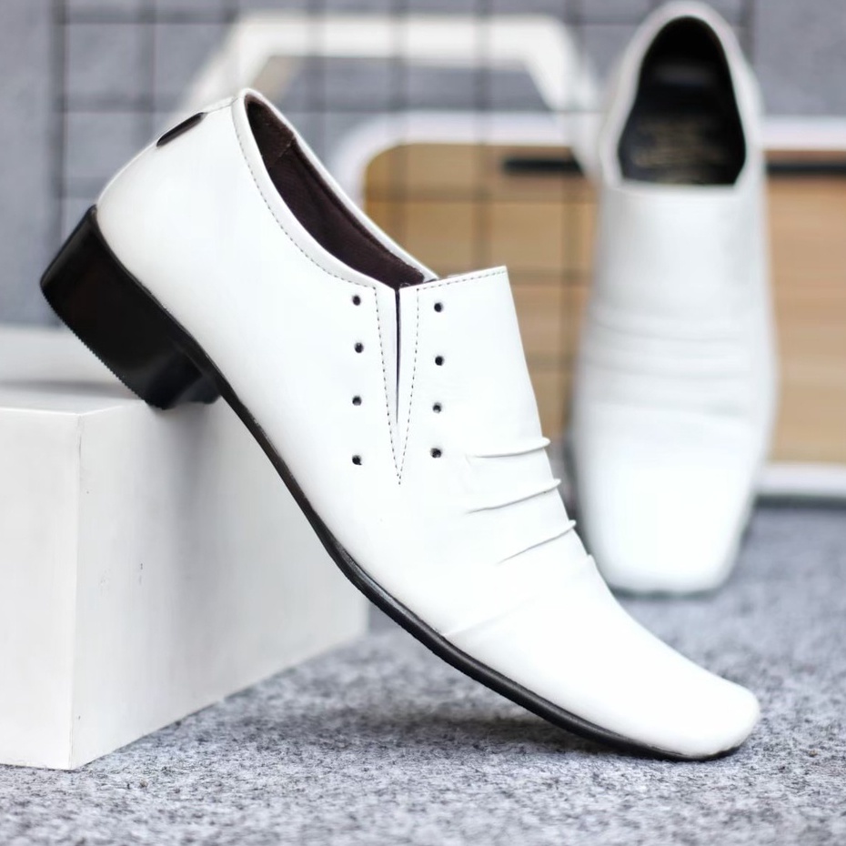 Sepatu Pantofel Putih Pria Kulit Sapi Asli Premium Quality Sepatu Pantofel Selop Tanpa Tali Cowok Laki Kerja Kantor Formal Pesta Sepatu Dokter Perawat Gereja Menikah Kodangan White Colour