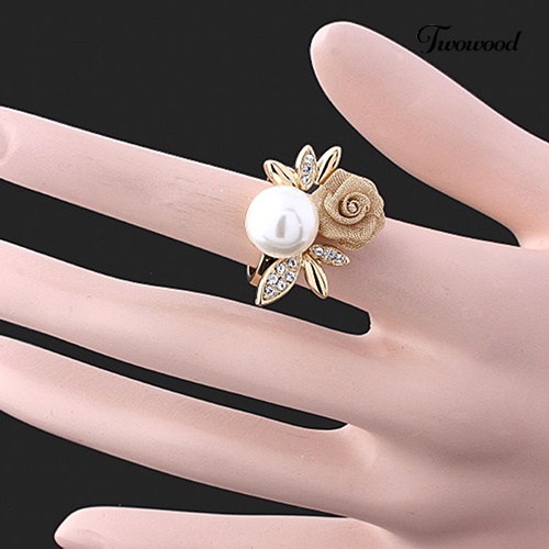 Twowood Fashion Wanita Mawar Mutiara Imitasi Kristal Bening Berlapis Emas 9K Cincin Perhiasan Pesta