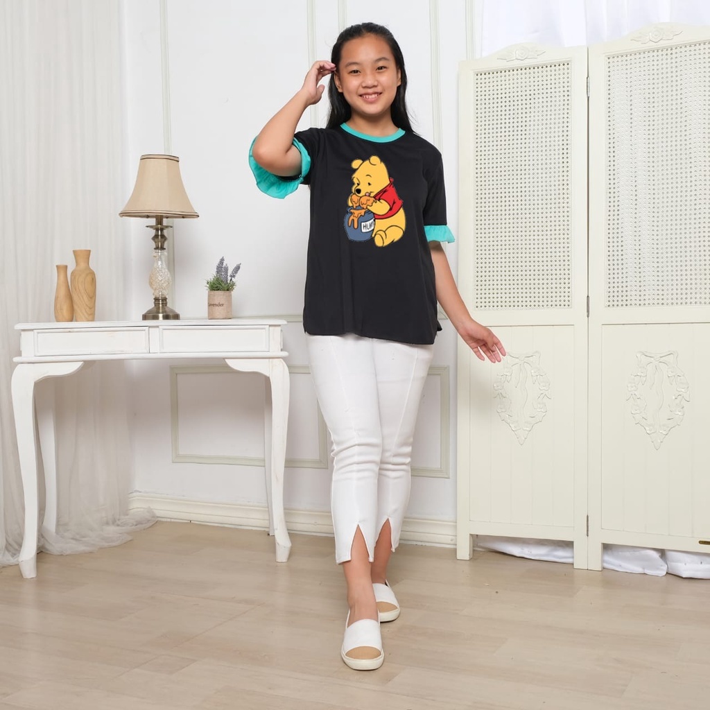 Hzl_outfit Kaos Baju Anak ABG Lengan Kerut Pendek Salma The Pooh Honey/ Atasan Kaos Anak ABG