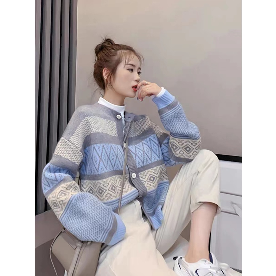 Monica Gaya Korea baru all-match lazy knit short section color matching long-sleeve knit jacket