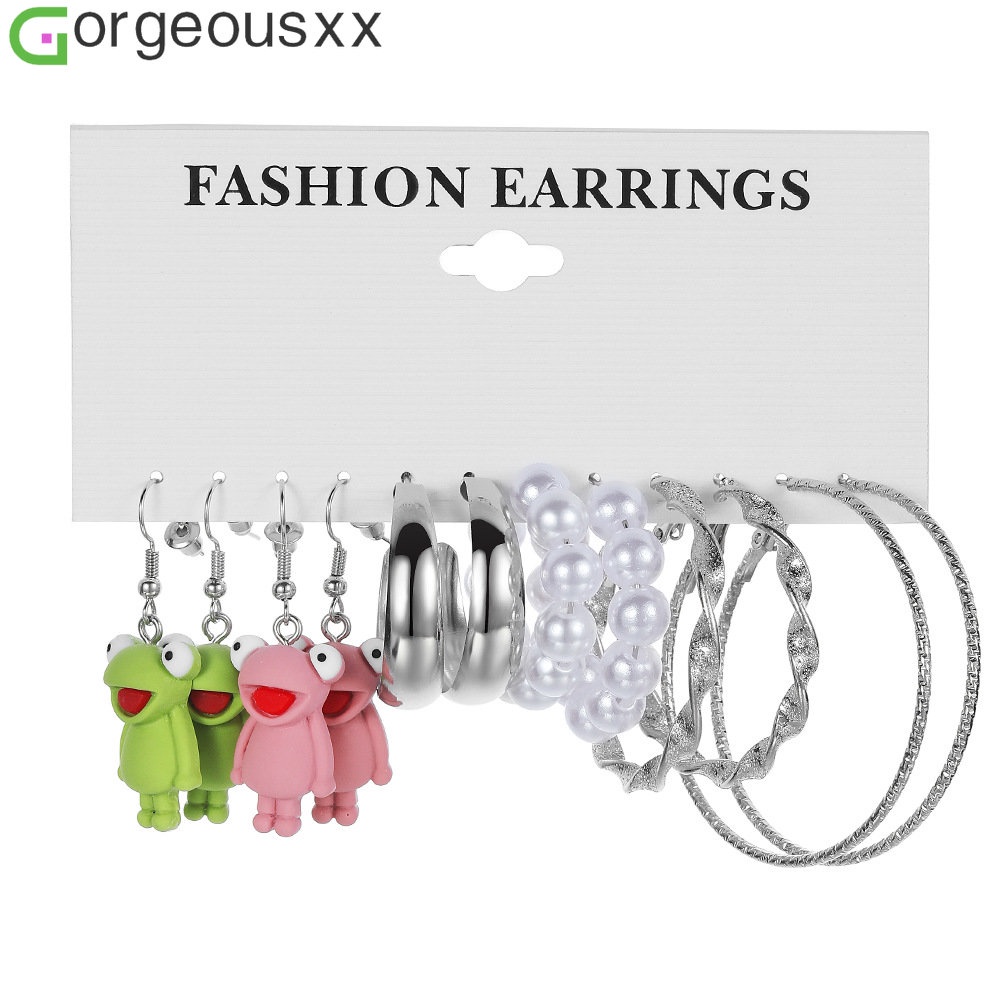 Set Anting Acrycle Resin Kodok Yang Indah Untuk Wanita Punk Mutiara Imitasi Perak Berlebihan Lingkaran Hoop Earring Jewelry