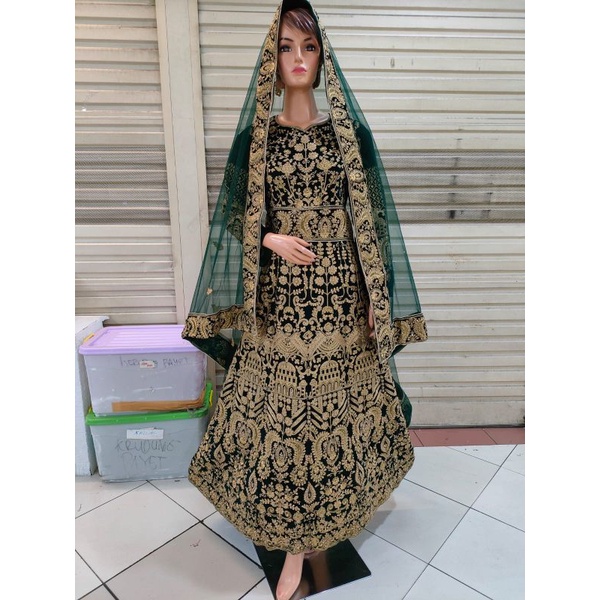Premium Lehenga Bludru Hijau Botol Siap Pakai Full Bordir Mewah Royal Baldu Baju Pengantin Pernikaha