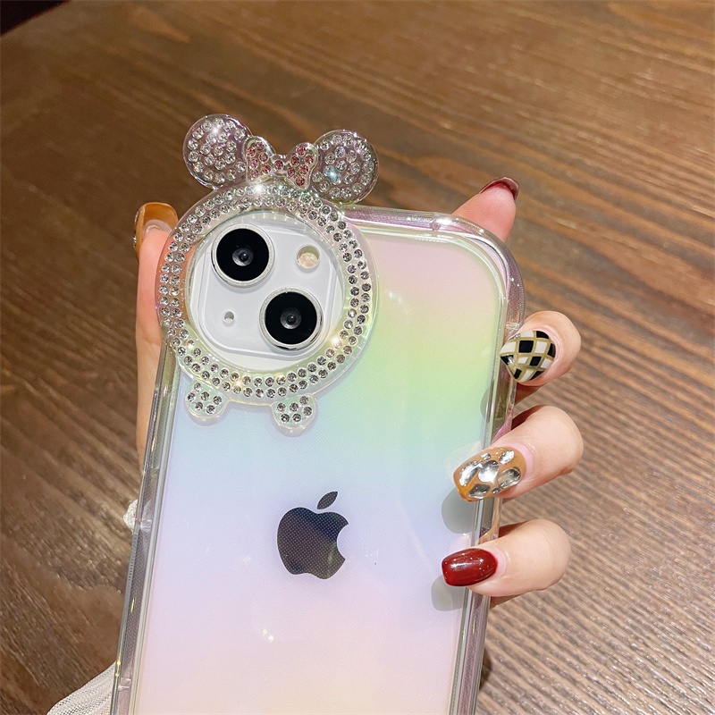 Casing Ponsel Bunga Berlian Mickey Kartun Lucu Untuk IPhone 14 Pro Max13 12 11 X XS Max XR Fashion Grid Transparan Lembut Shockproof Cover