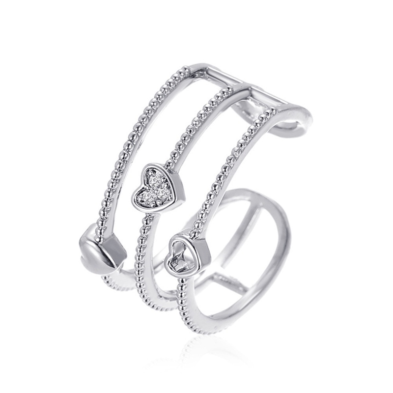 Tiga-lapisan Berongga Hati Cinta Cincin Terbuka Dapat Ditumpuk Cincin Terbuka Wanita Adjustable Kristal Zirkon Janji Pertunangan Pernikahan Band