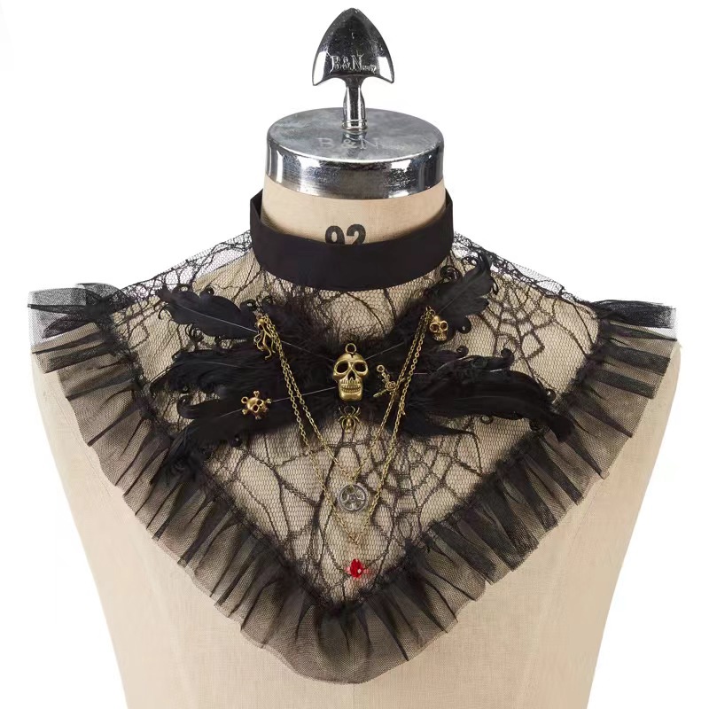 Gothic Cobweb Pattern Lace Ruffle Collar with Alloy Skull Head Chain 8585