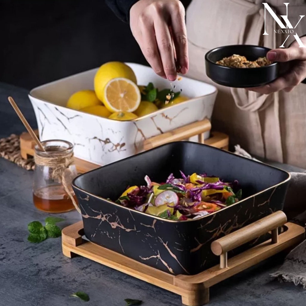 NexXio Canada Square Bowl Tatakan Kayu / Mangkok Piring Plate Marble Marbel / mangkok marble / bowl hitam / bowl putih