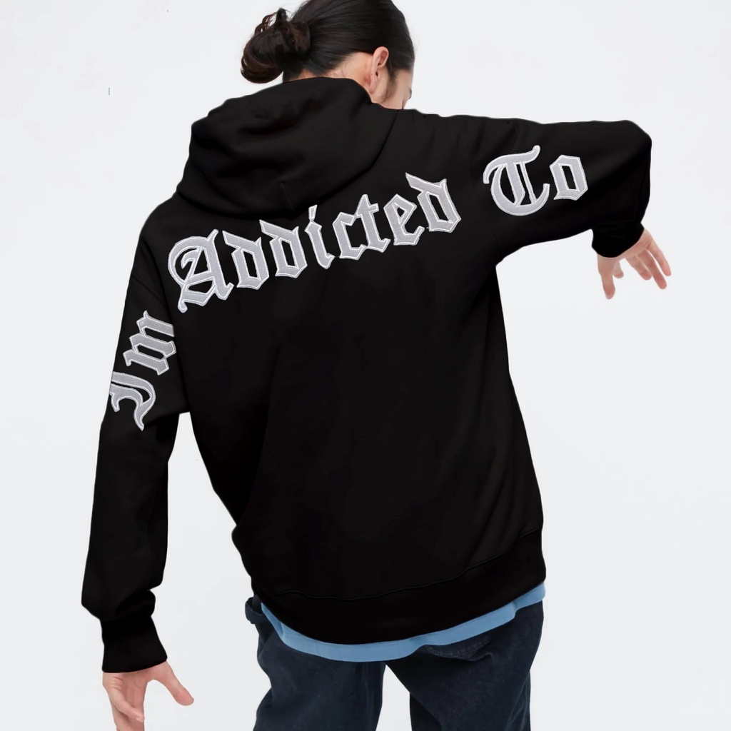 Hoodie Sherpa Motif Bordir Font Metal Aesthetic Pria Wanita / Sherpa Hoodie Im Addicted To Bordir / Sweater Hoodie Pria Distro Terbaru Motif Bordir Depan Belakang