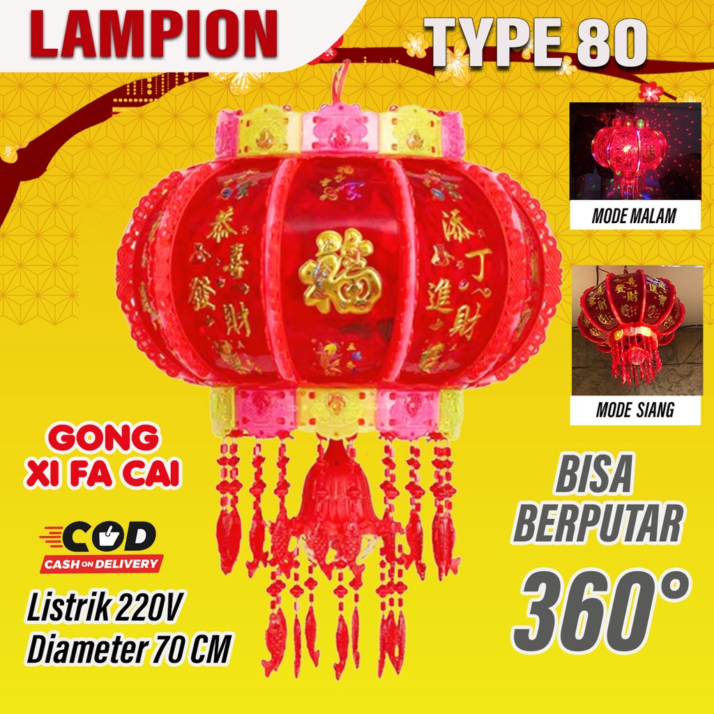 Lampion Imlek lampu led listrik putar 360 derajat warna warni besar 80 cm mewah