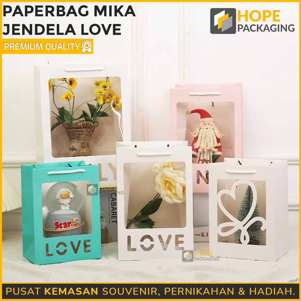 

Paper Bag Mika Bentuk Love/Tulisan Love Size : 25x18x 13 cm / Tas Transparan Kado Bunga / Souvenir Ulang Tahun / Tas Kado / Paper Bag Jendela