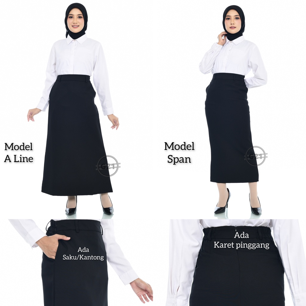 Rok Panjang Hitam Polos Model A line dan Span Pinggang Karet dan Ada Kantong Saku Wanita Bahan Dasar Formal Untuk Kerja Kantor Kuliah Ospek Ukuran Standar dan Jumbo Big size