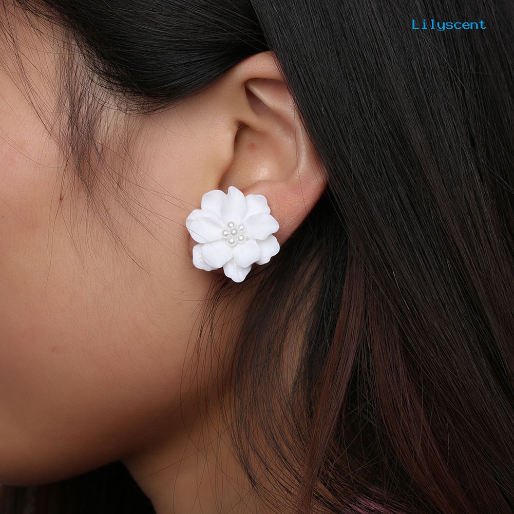 [LS] Elegan Resin Bunga Mutiara Imitasi Wanita Anting Ear Studs Perhiasan Pesta Pacaran