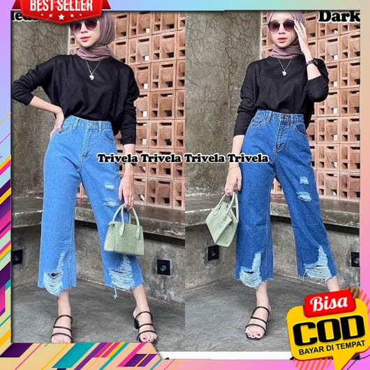 Celana Model Sobek Loose  Branded Boyfriend Bawahan Cewe Dewasa Cewek Remaja Kekinian Kulot  Jumbo C