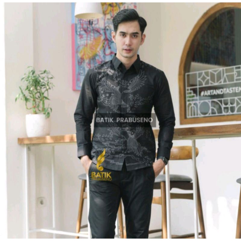 Kemeja batik atasan pria katun halus motif jatayu lengan panjang lapis furing