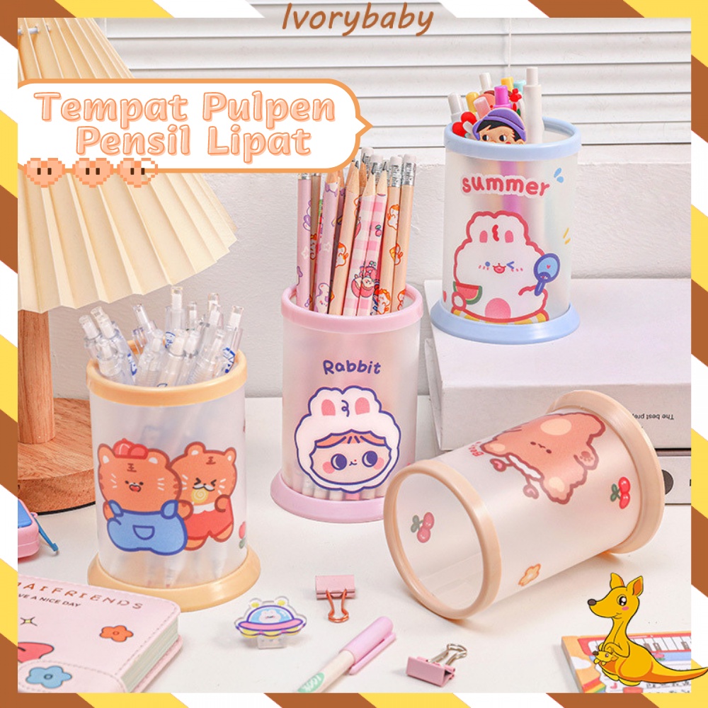 Ivorybaby Tempat pensil pulpen tabung lipat Kotak pensil tabung kartun Tempat alat tulis tabung lucu