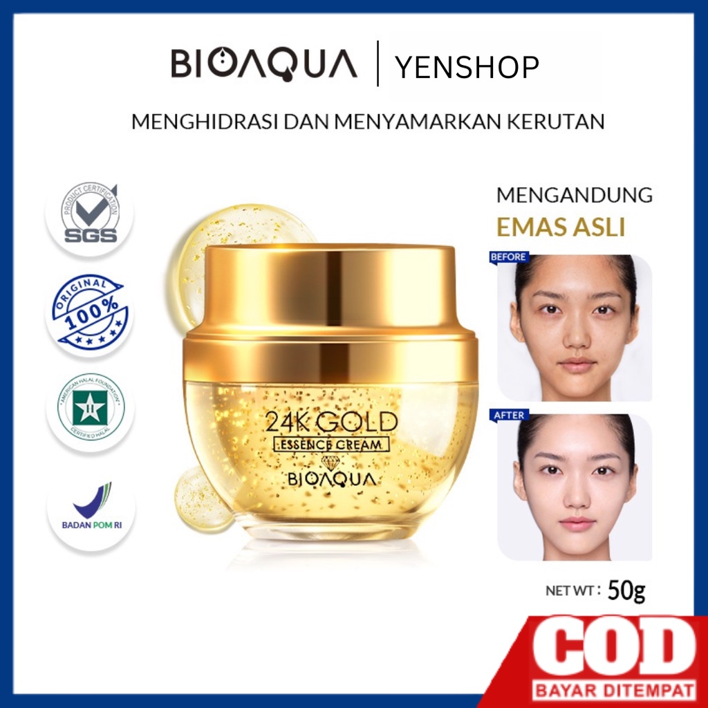 BIOAQUA 24K GOLD ESSENCE CREAM whitening brightening face facial cream krim crem crim kerim bioaqua pemutih perawatan scincare pencerah menghilangkan jerawat kecantikan wajah muka anti aging pria wanita bpom ampuh bioaqua ori pemutih dan cepat glowing