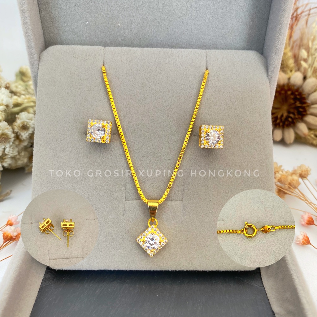 Set Perhiasan Xuping Hongkong Lapis Emas Hongkong Permata Batu Zicron Asli Set Perhiasan Titanium Se