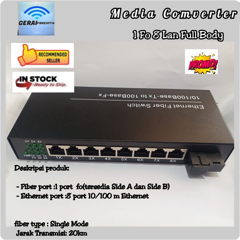 FIBER OPTIC MEDIA CONVERTER ETHERNET 1 FO 8 LAN RJ45 PORT 10/100 m