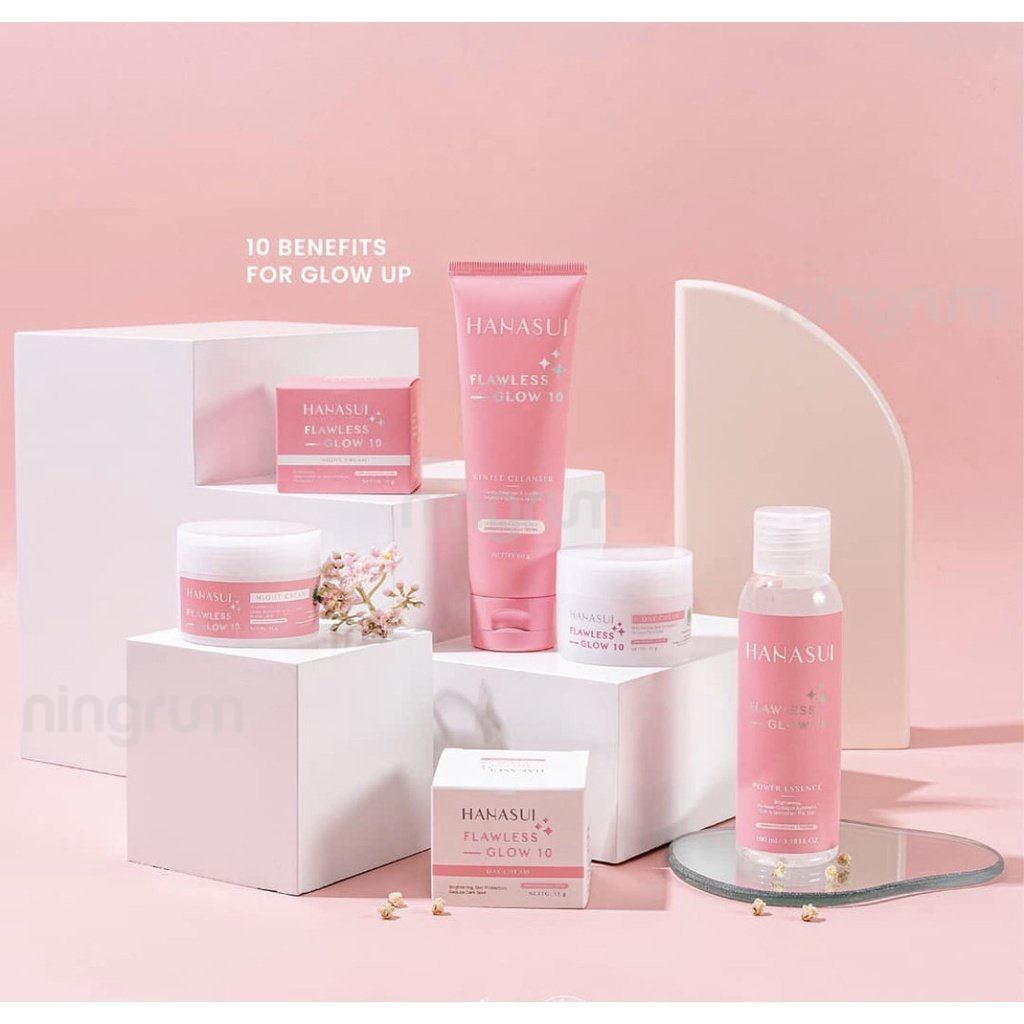 Ningrum - HANASUI Paket Flowless Glow 10 Series | Include Gentle Cleanser / Power Essence / Day Cream / Night Cream | Skincare Perawatan Wajah Tampak Glowing Flowless Original BPOM - 5025