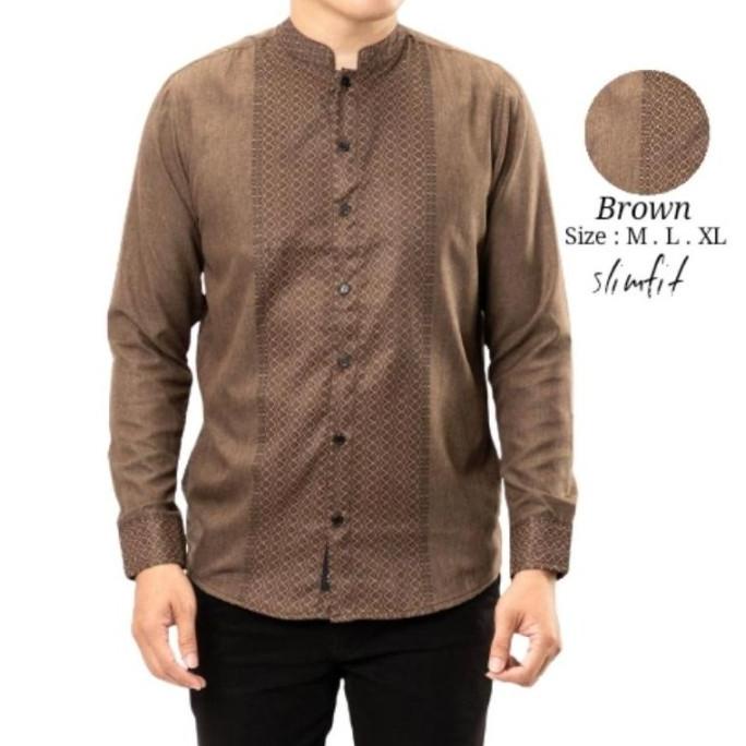 Kemeja Koko Pria Slim Fit Lengan Panjang / Baju Muslim Pria Coklat