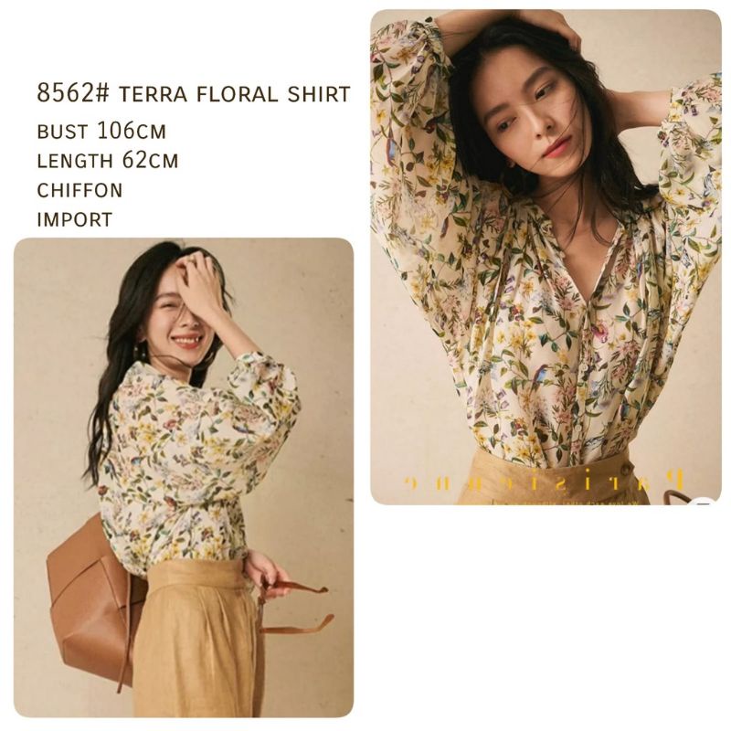 8562 Atasan baju blus blouse kemeja lengan panjang balon motif bunga kecil kancing depan gaya Korea 